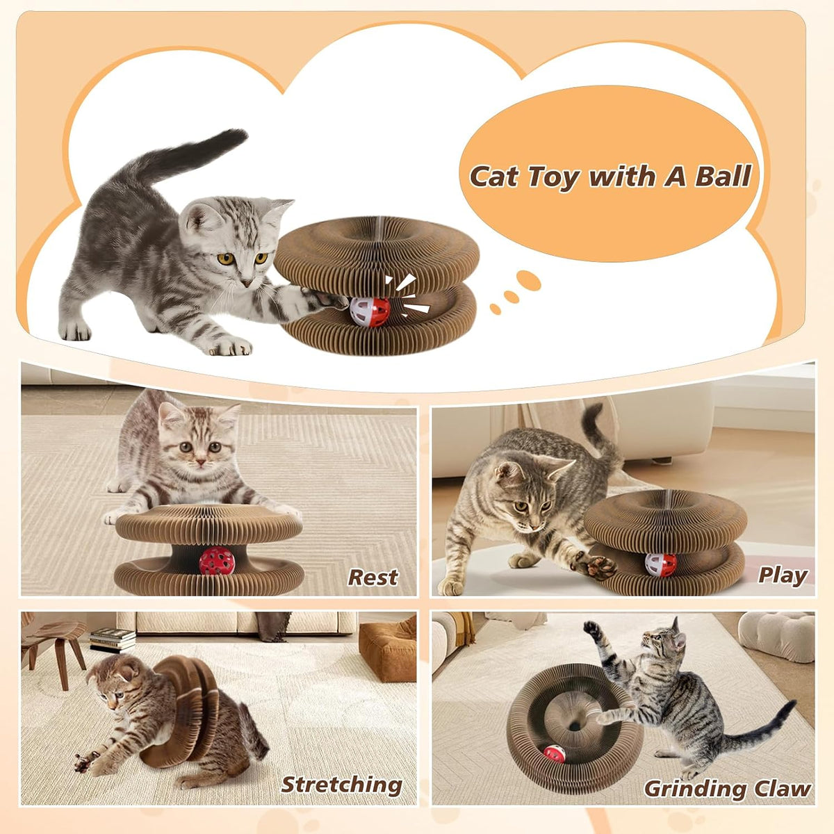 Cat Scratcher Board Foldable with Bell Ball, Magic Organ Cat Toy