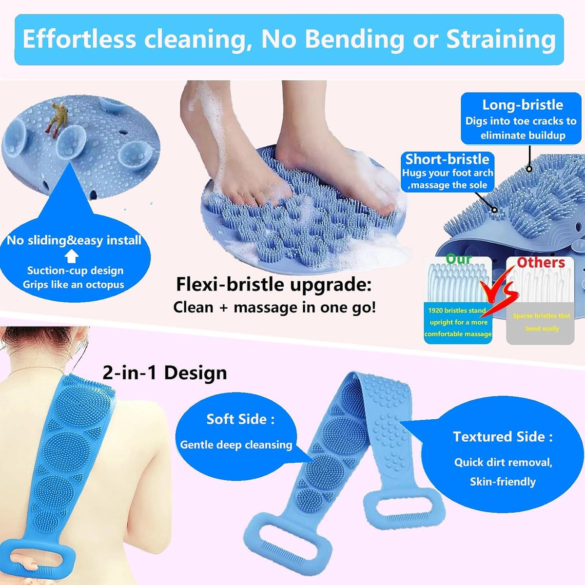 Foot Scrubber&Back Scrubber for Shower Set.Detachable Exfoliating Back Scrubber with Handle+Suction Cup Anti-Slip Foot Scrub Mat Wall Mount for Hygienic Storage&Deep-Cleaning for Men&Women(Pink)
