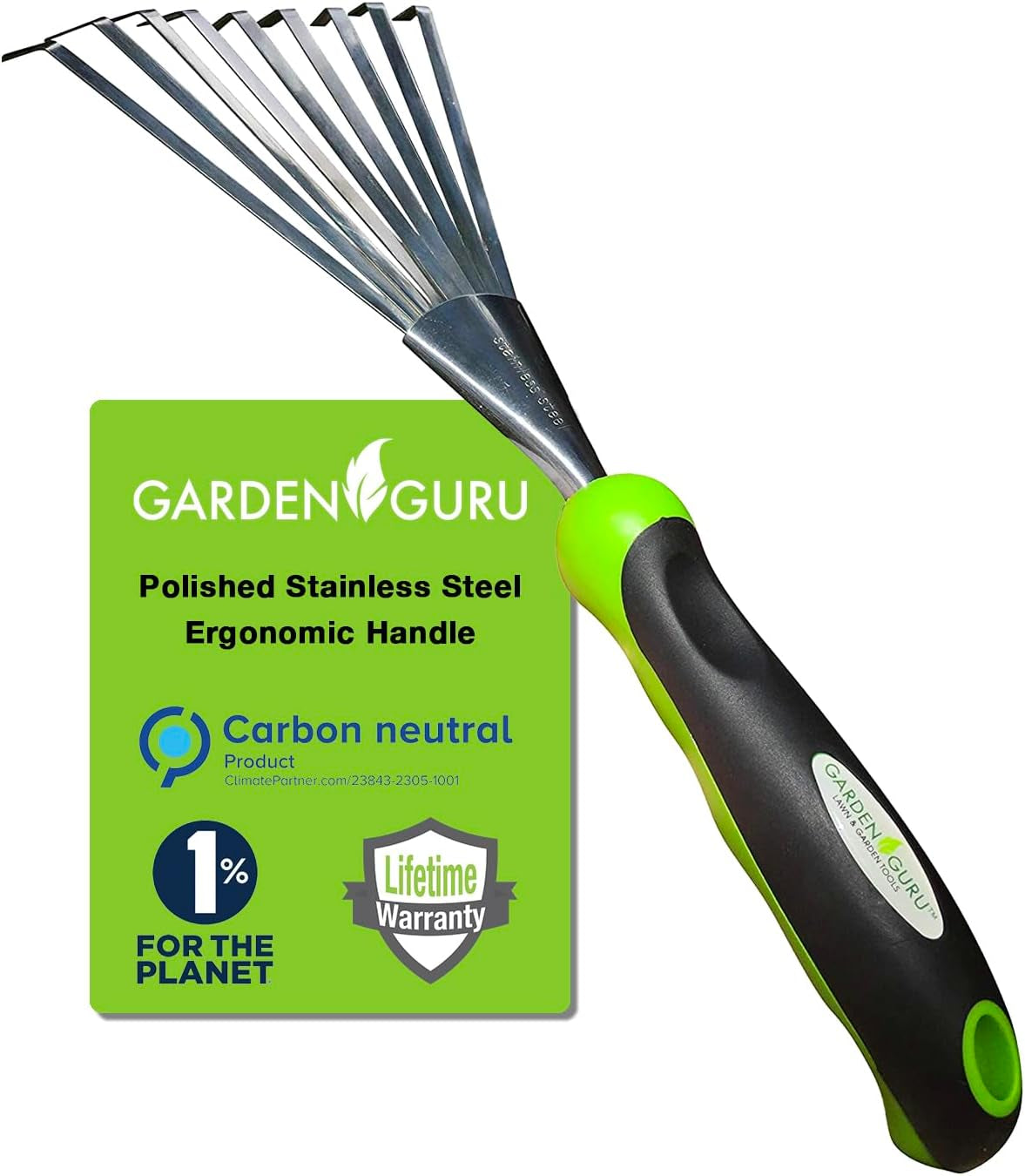 Garden Guru Stainless Steel Hand Rake Soil Tiller with Ergonomic Handle, Great for Gardening, Cultivating, Loosening Soil & Spreading Mulch, Raking Flower Beds