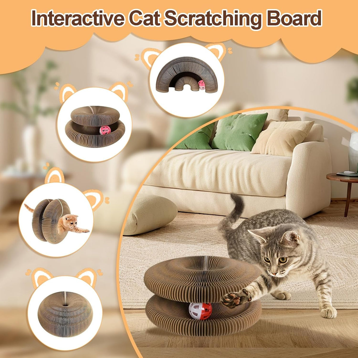 Cat Scratcher Board Foldable with Bell Ball, Magic Organ Cat Toy