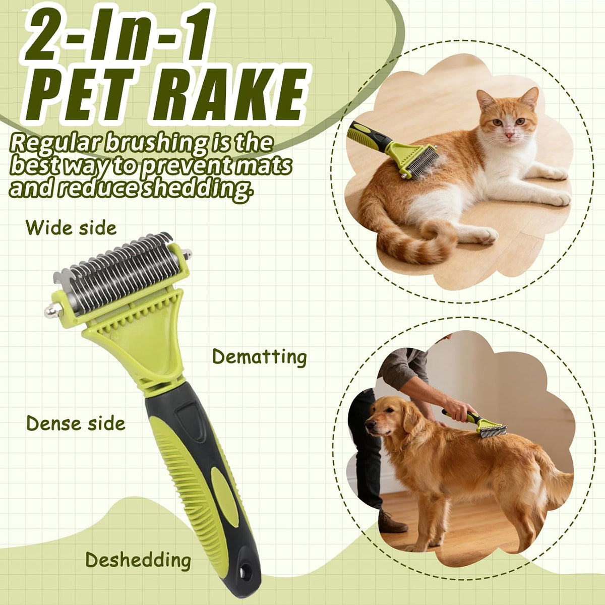 2-In-1 Pet Grooming Brush & Undercoat Rake for Dogs & Cats